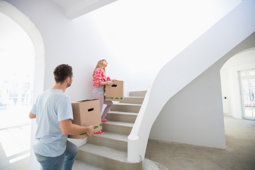 Packed moving boxes prepared for storage and relocation